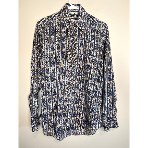 1970s Perma Press Victorian Yellow Blue Paisley Ruffle Disco Dagger Shirt L - Picture 1 of 6